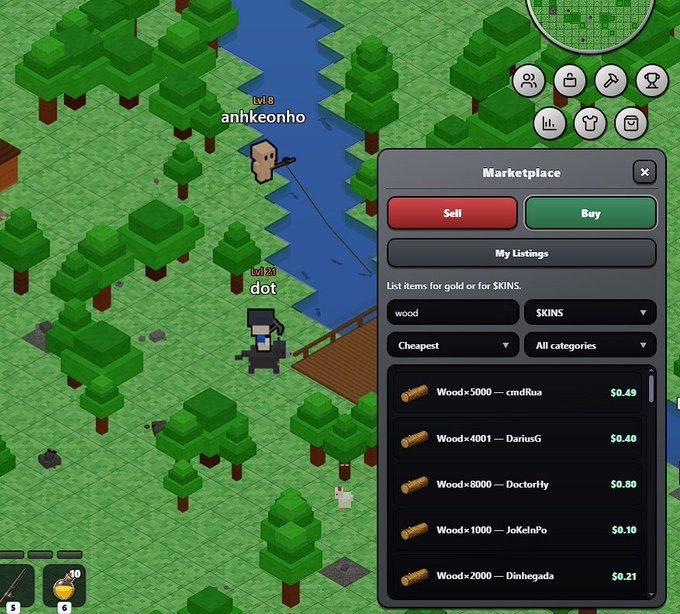 Kintara marketplace with wood listings and players in-game